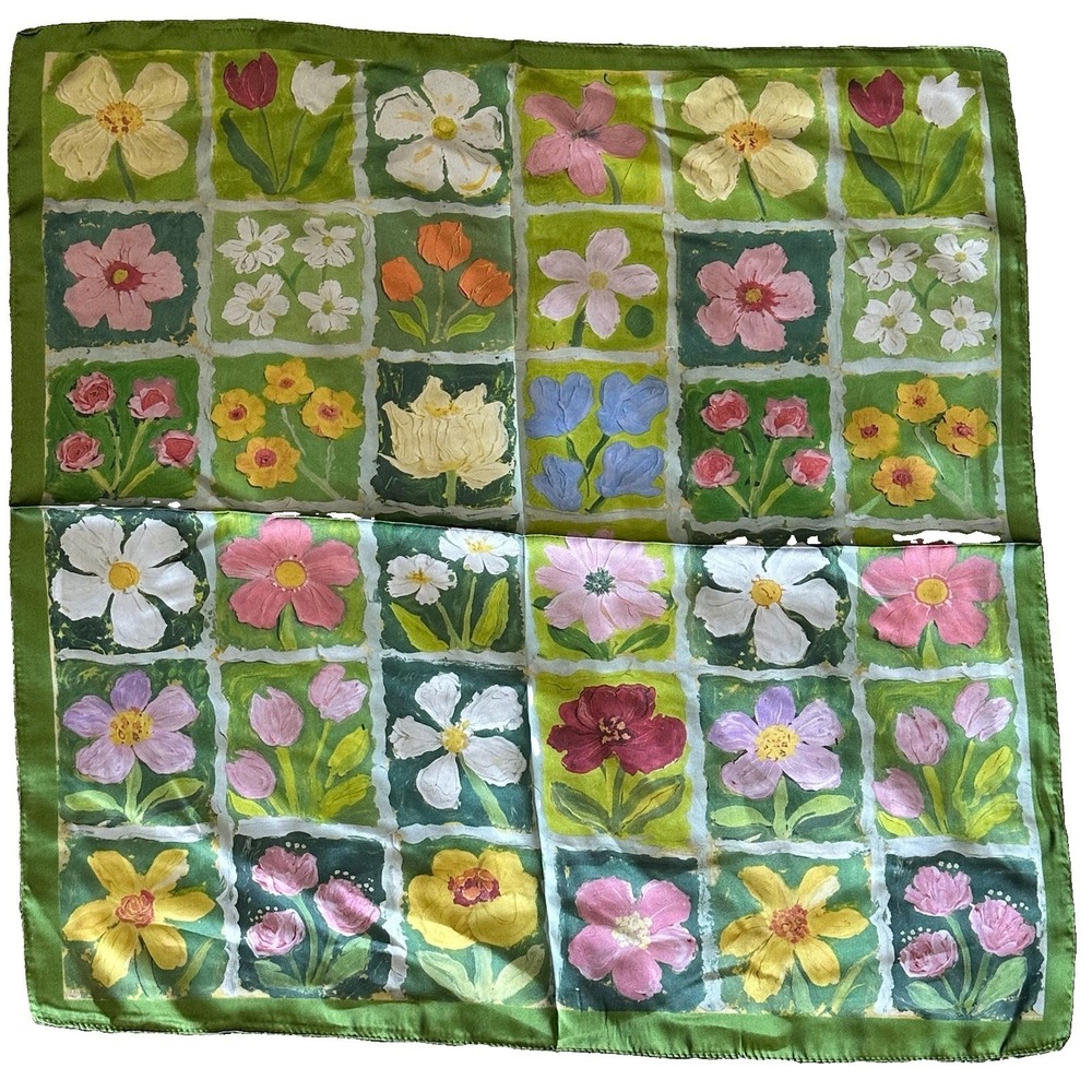 Vibrant Floral Grid Square Scarf Green Cottagecore Paint Style Head Neck Wrap
